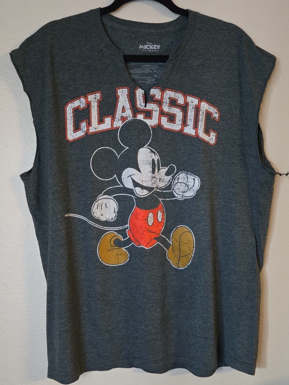 Disney Mickey Mouse Classic Distressed Sleeveless Cutoff Tee Gray XL